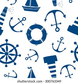 Sea seamless hand drawn pattern with lighthouse, wheel, anchor and ship. Background design.