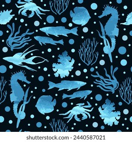 Sea seamless.  Manual graphics. Sketches. Sea animals, corals and algae. Vector illustration.  Seamless ornament for decorating various surfaces. Watercolor elements.