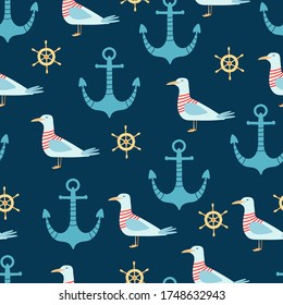 Sea seamless pattern with anchor, seagull, and helm in cartoon style. Cute texture for kids room design, Wallpaper, textiles, wrapping paper, apparel. Vector illustration