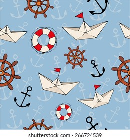 Sea seamless pattern:  anchors,  ships, lifebuoy, and steering wheel.