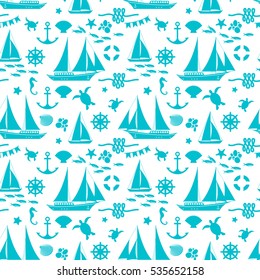 Sea seamless pattern with animals ship shell anchor lifebuoy wheel rope silhouettes on light background vector illustration