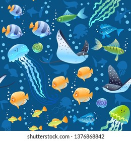 Sea Seamless pattern background with beautiful cartoon fish, turtle, and other swimming underwater. Cool wallpaper. Vector illustration