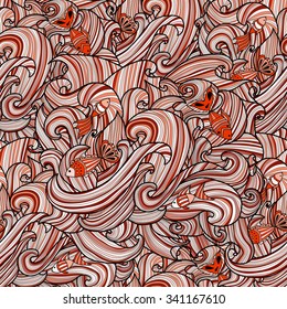 Sea seamless pattern background with doodle fish. Hand draw illustration