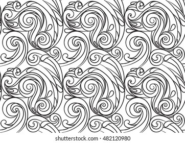 sea seamless pattern, black and white wave . Adult Coloring pages.