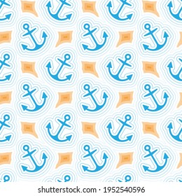 Patrón marino sin fisuras con anclas azules, olas e islas amarillas. Perfecto para raspar, fondos sencillos, texturas, empaque. Vector