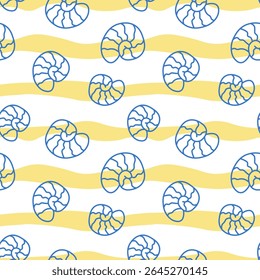 Sea seamless pattern with blue line seashells on yellow wavy striped background. Hand drawn summer abstract vector ornament in doodle style.
