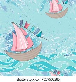 Sea seamless pattern | Blue vector background with splashes, waves and ships