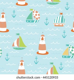 Sea seamless pattern with boats, anchors and lighthouse.
