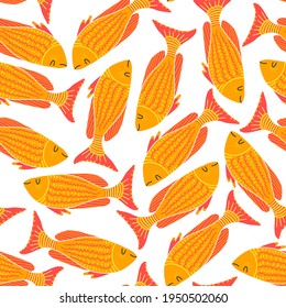 Patrón marino sin fisuras con peces de oro de dibujos animados. Bajo el agua. Ilustración de vectores oceánicos y marítimos para textiles, web, papel impreso y papel pintado. Fondo blanco