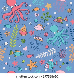 Sea seamless pattern. Colorful background with jellyfish, shell and octopus.