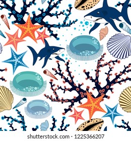 Sea seamless pattern with colorful sharks, shells, corals, starfishes and jellyfishes.Nautical vector summer background.Textile texture