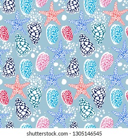 Sea seamless pattern with colorful shells. Vector summer background.Textile texture