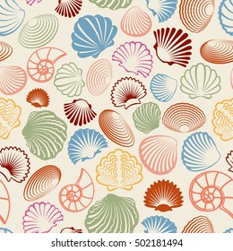 Sea seamless pattern with colorful sea shells. Vector illustration