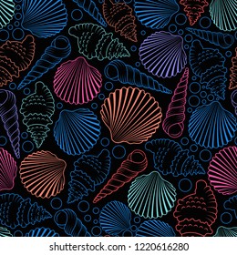 Sea seamless pattern with colorful shells.Nautical vector colorful background.Textile texture
