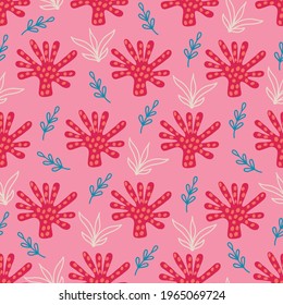 Sea seamless pattern with corals and seaweed on pink background. Perfect for wallpaper, wrapping paper, summer greeting cards. Scandinavian style. Hand drawn vector illustration