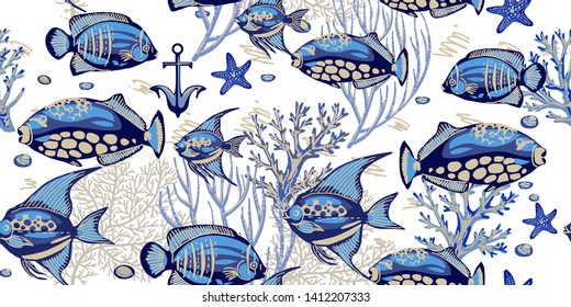 Sea seamless pattern with corals, starfishes and tropical fishes