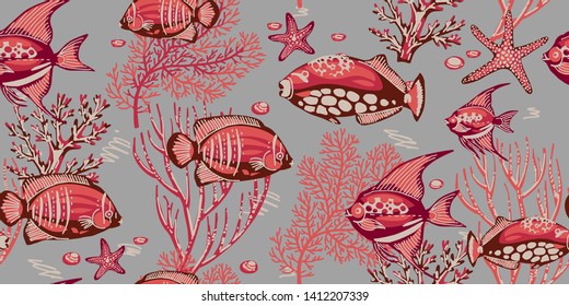 Sea seamless pattern with corals, starfishes and tropical fishes