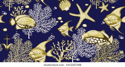 Sea seamless pattern with corals, starfishes and tropical fishes