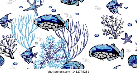 Sea seamless pattern with corals, starfishes and tropical fishes