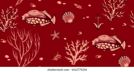 Sea seamless pattern with corals, starfishes and tropical fishes