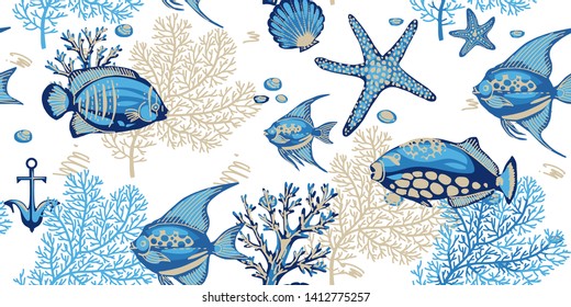 Sea seamless pattern with corals, starfishes and tropical fishes