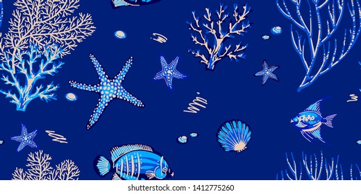 Sea seamless pattern with corals, starfishes and tropical fishes