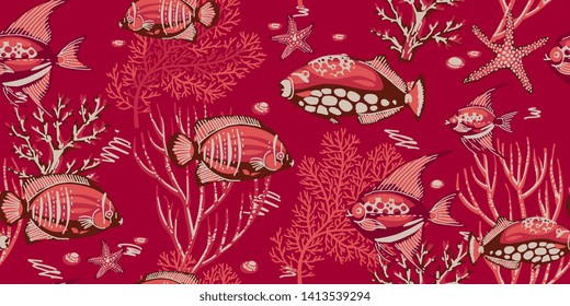 Sea seamless pattern with corals, starfishes and tropical fishes