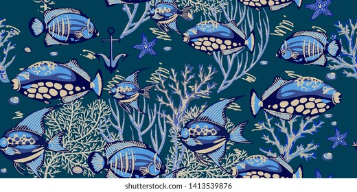 Sea seamless pattern with corals, starfishes and tropical fishes