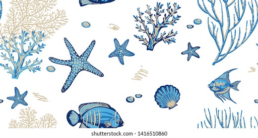 Sea seamless pattern with corals, starfishes and tropical fishes