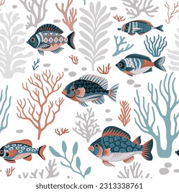 Sea seamless pattern with corals and tropical fishes