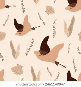 Sea seamless pattern with cramp-fish, ​shell, seaweed in flat style. Ocean digital paper. Nautical scrapbooking, background, print. Hand drawn vector pattern