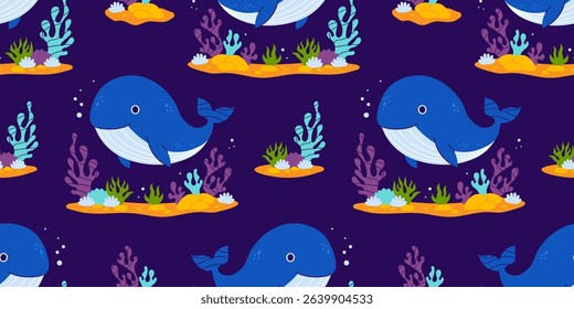Sea Seamless Pattern with Cute Blue Whale and Plant algae on dark purple Background. Vector horizontal Illustration in flat style. Kids collection