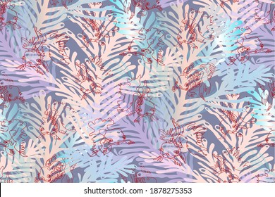 Sea seamless pattern with cute doodle fish of long continuous line on ornate sea reef background. Cartoon design outline sketch for baby printing, packaging, wrapping paper, wallpaper.