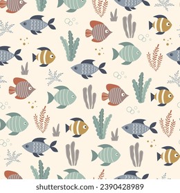 Sea seamless pattern with cute fishes. Childish illustration. Sea seamless pattern. Colorful fish and algae on a light background. Nautical pattern for kids fabric, textile, wallpaper.