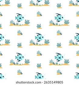 Padrão sem emenda do mar com peixes listrados tropicais bonitos em fundo violeta com algas marinhas. Subaquático vermelho e branco escalar. Ilustração de vetor. Coleção Kids 