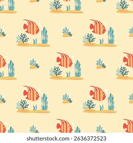 Padrão sem emenda do mar com peixes listrados tropicais bonitos e algas vegetais e coral em fundo amarelo claro. Ilustração de vetor. Coleção Kids