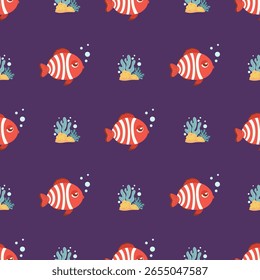 Patrón inconsútil del mar con el pez rayado tropical lindo en el fondo violeta con las algas marinas. Scalary rojo y blanco bajo el agua. Ilustración vectorial. Colección para niños 