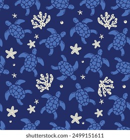 
Sea ​​turtle  Seamless pattern for decorating all fashion designs, fabrics, wallpapers and prints on a dark blue background.
