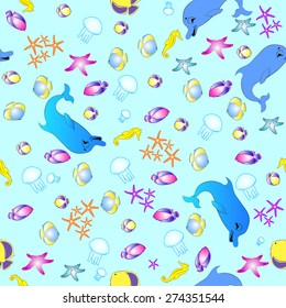 Sea seamless pattern with dolphin, jellyfish, fish, star, sea horse