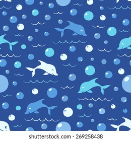 Sea seamless pattern with dolphins and water bubbles on blue background. Vector