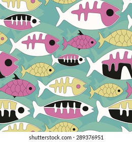 Sea seamless pattern. Fish pattern in abstract style. Vector illustration.