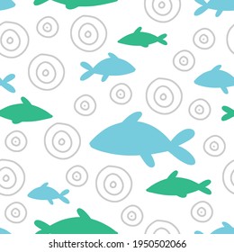 Sea seamless pattern with fish and bubbles. Underwater. Ocean and sea vector illustration for textiles, web, print and wallpaper. White background