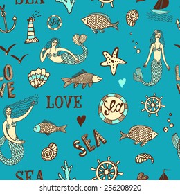 Sea seamless pattern with fish; mermaid; lighthouse; wheel; ship; coral; shell; anchor; bubbles