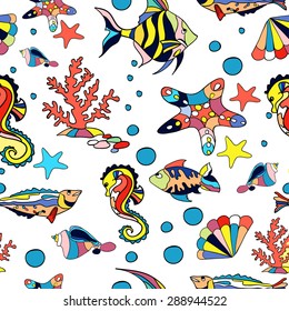 Sea seamless pattern with fish starfish and corals in white