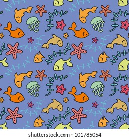 Sea seamless pattern with fishes and marine life