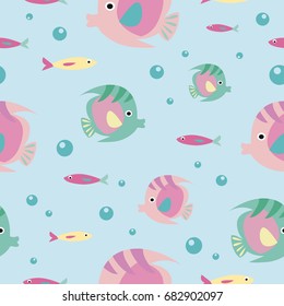 Sea seamless pattern with fishes, shells. Vector illustration