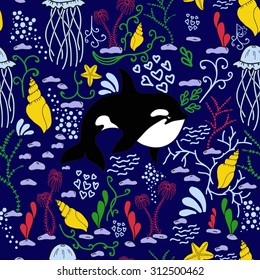 Sea seamless pattern. Funny seamless pattern with whale. underwater sea life