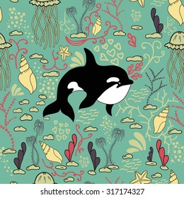 Sea seamless pattern. Funny seamless pattern with whale. underwater sea life