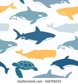 Sea seamless pattern. Great White Shark, Sea Turtle, Atlantic Bottlenose Dolphin and Whales. Animal wallpaper. Vector illustration for printing onto fabric.