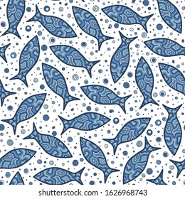 Sea seamless pattern with hand drawn fish on white background.